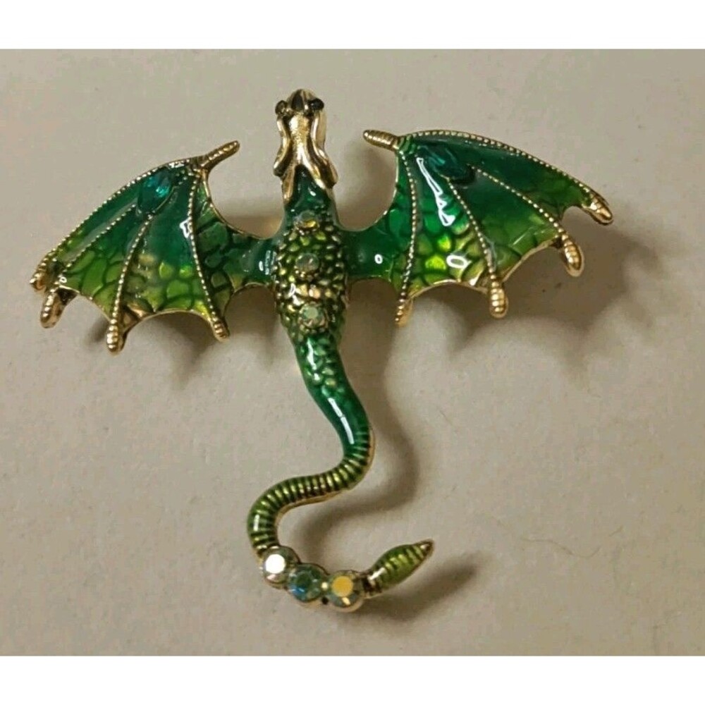 Green & Gold Tone Enamel Dragon Brooch